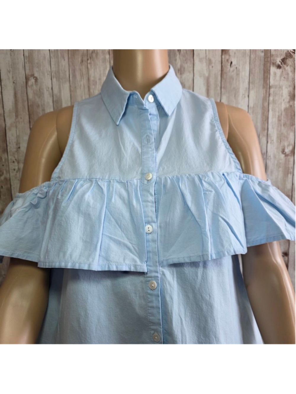 Women's Light Blue Cold Shoulder Ruffle Button Down Shirt S - Picture 3 of 9